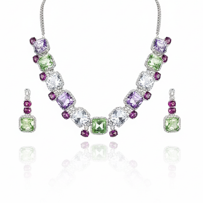 Aanura Multicolor Square Crystal Necklace Set Stainless