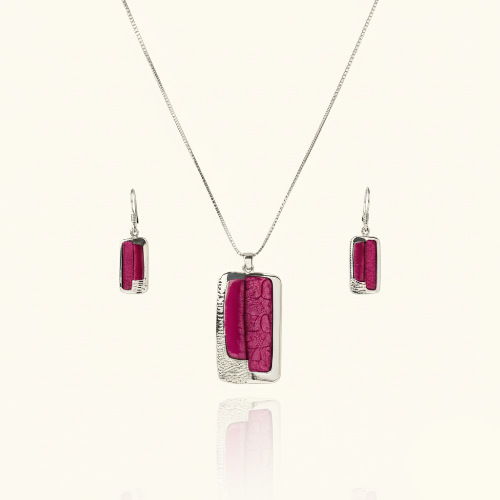 Aanura Rectangular Pink Stone Necklace & Earrings Set