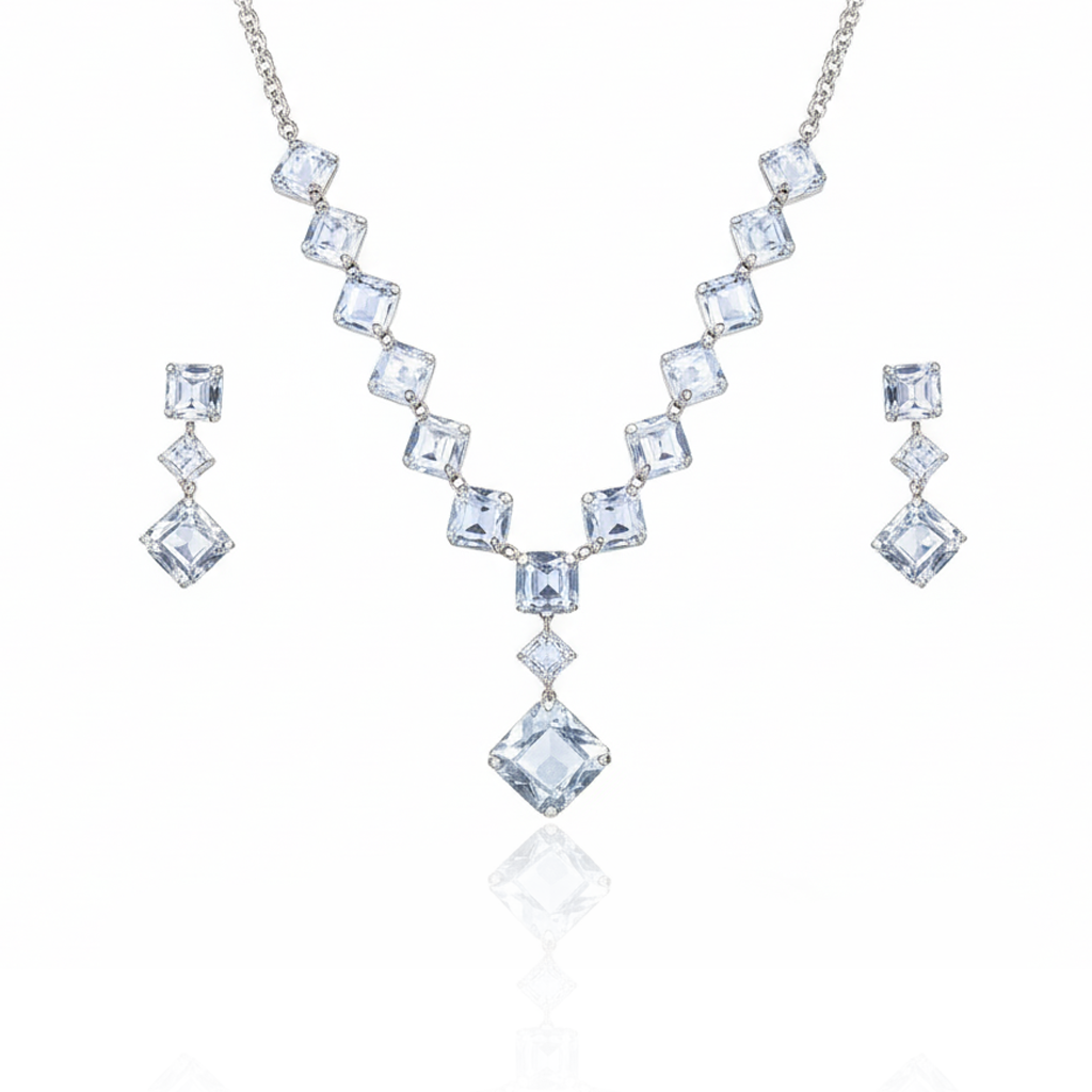 Aanura Square Crystal Necklace Set in Stainless Steel