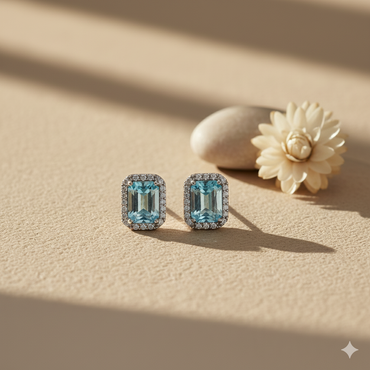 Aanura Emerald-Cut Gemstone Stud Earrings in 925 Silver