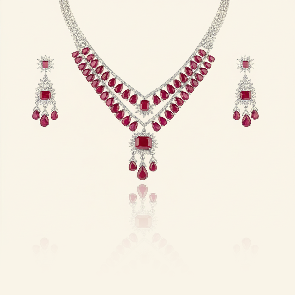 Aanura Ruby Red Bridal Necklace Set in Stainless Steel