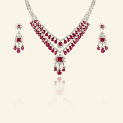 Aanura Ruby Red Bridal Necklace Set in Stainless Steel