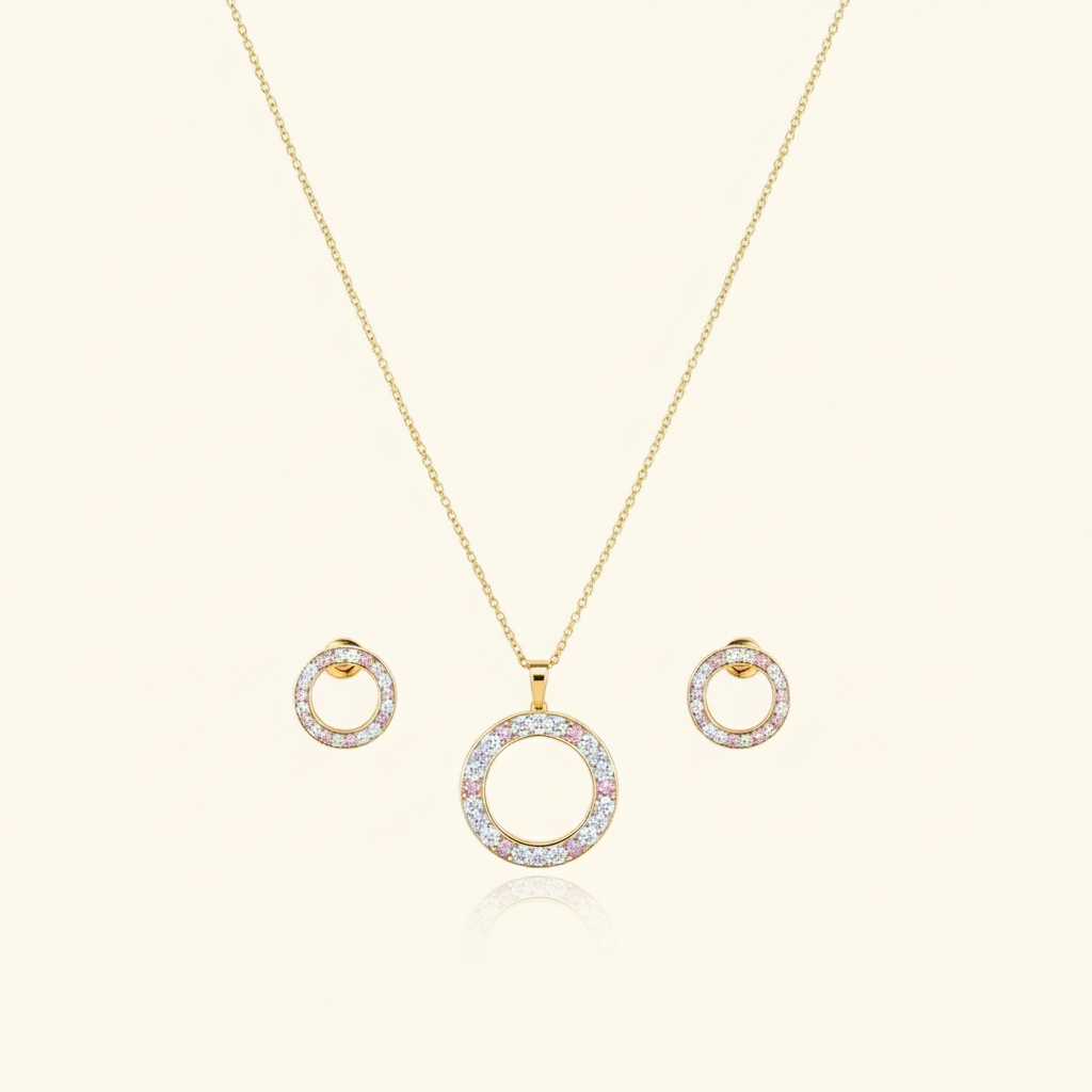 Golden Crystal Circle Necklace & Earrings Set