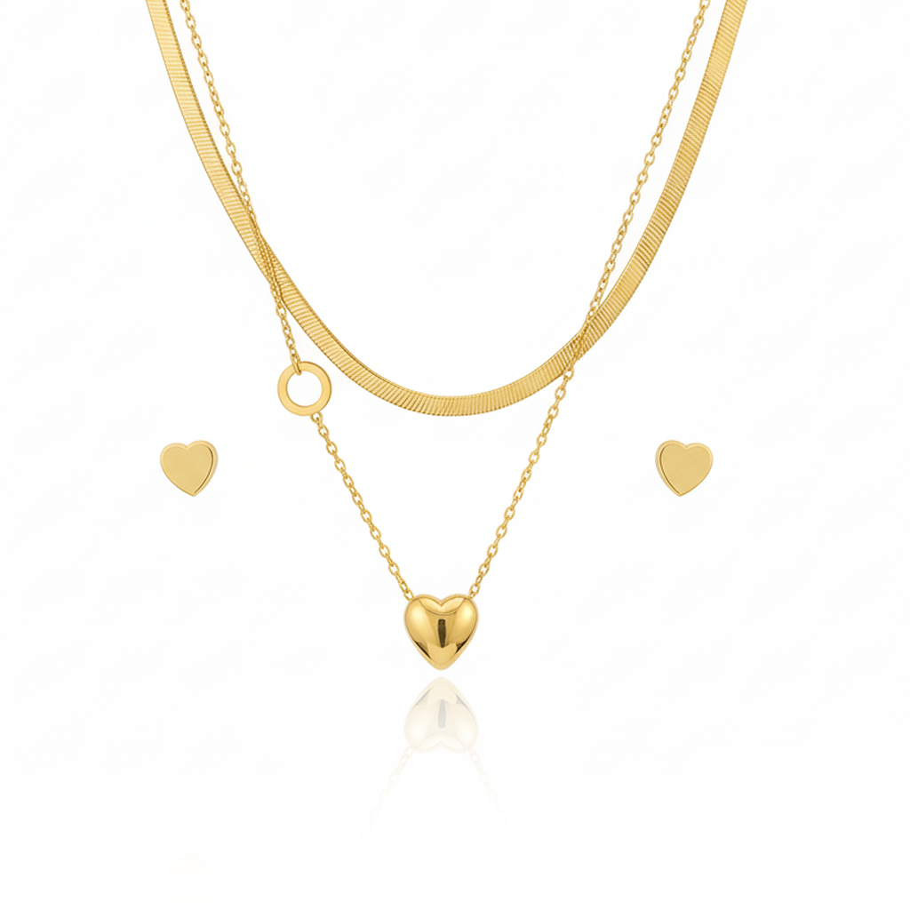 Aanura Golden Heart & Key Necklace & Earrings Set