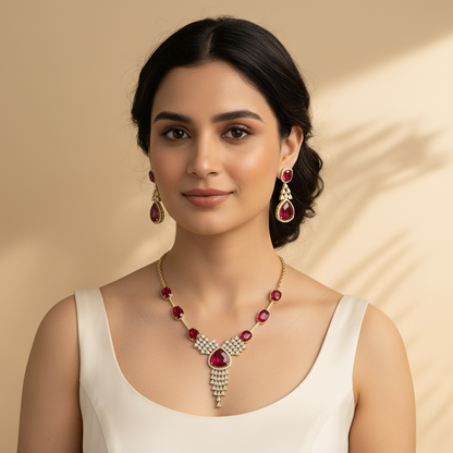 Aanura Ruby Red Geometric Necklace Set