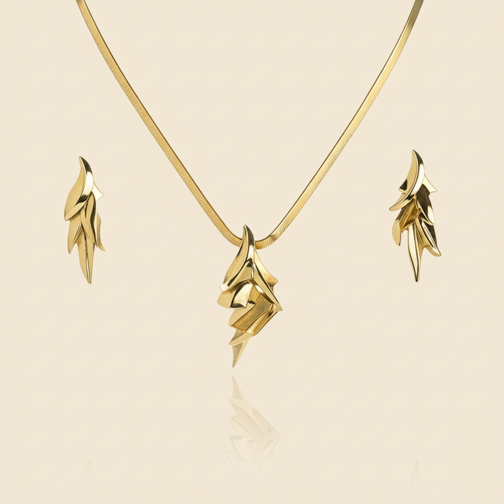 Aanura Golden Leaf Cascade Necklace & Earrings Set