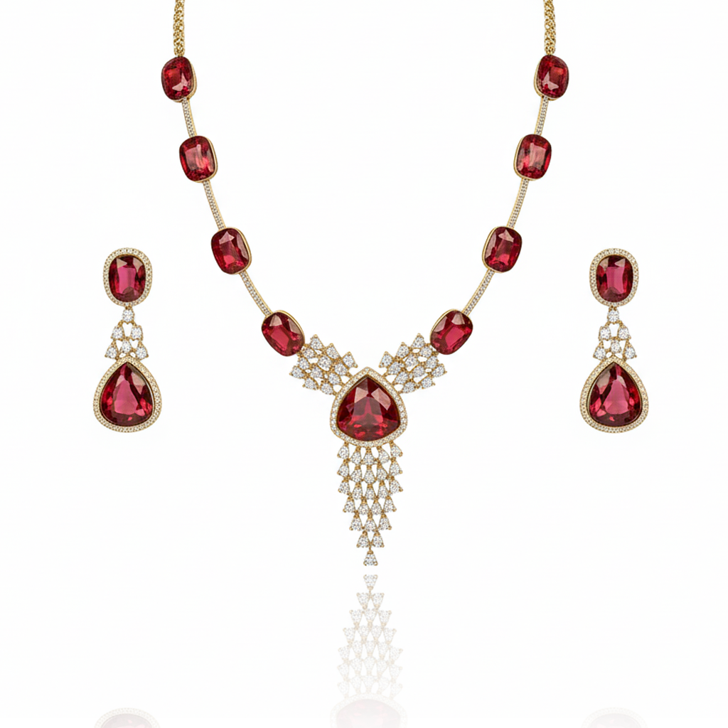 Aanura Ruby Red Geometric Necklace Set
