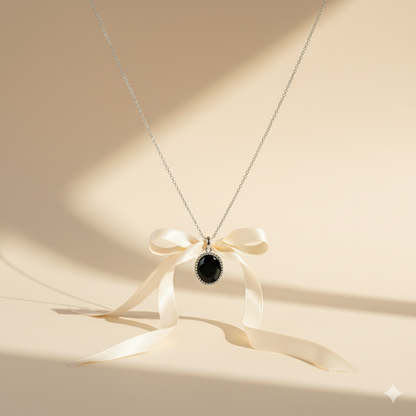 Aanura Black Onyx Oval Pendant Necklace in 925 Silver