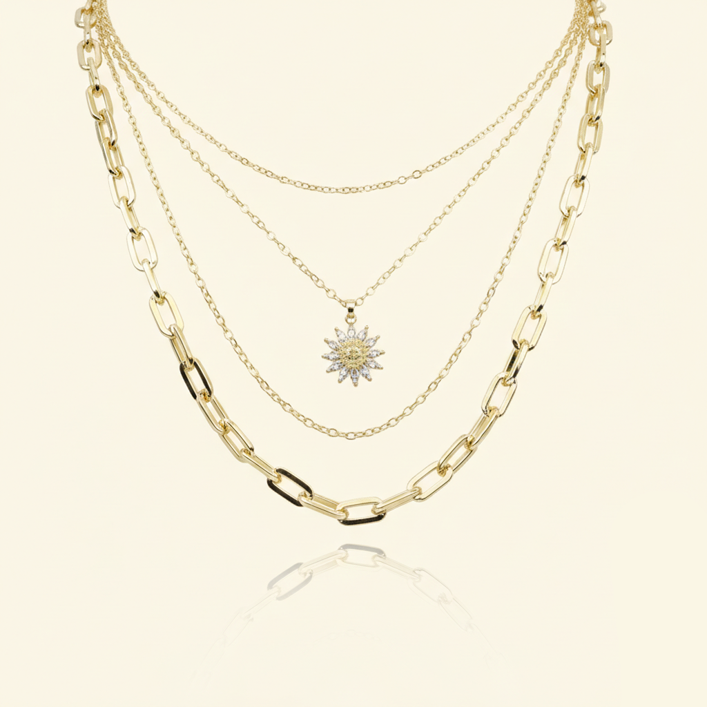 Aanura Gold Layered Sun Pendant Necklace
