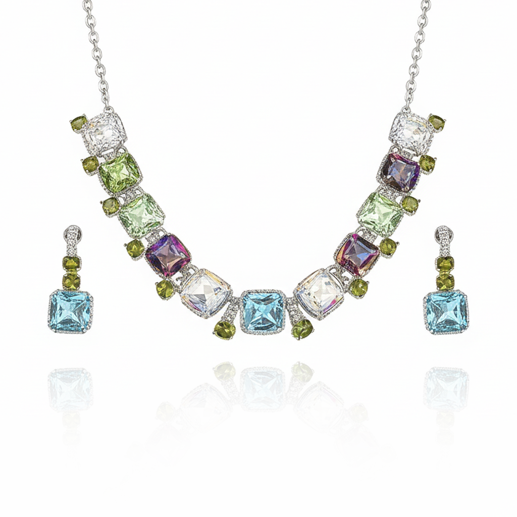 Aanura Multicolor Square Crystal Necklace Set Stainless