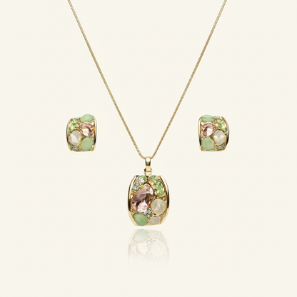 Aanura Pastel Green Peach Rectangular Necklace & Earrings