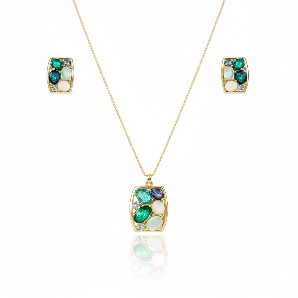 Aanura Pastel Green Peach Rectangular Necklace & Earrings