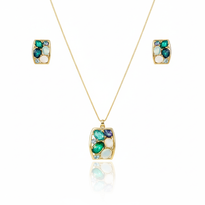 Aanura Pastel Green Peach Rectangular Necklace & Earrings