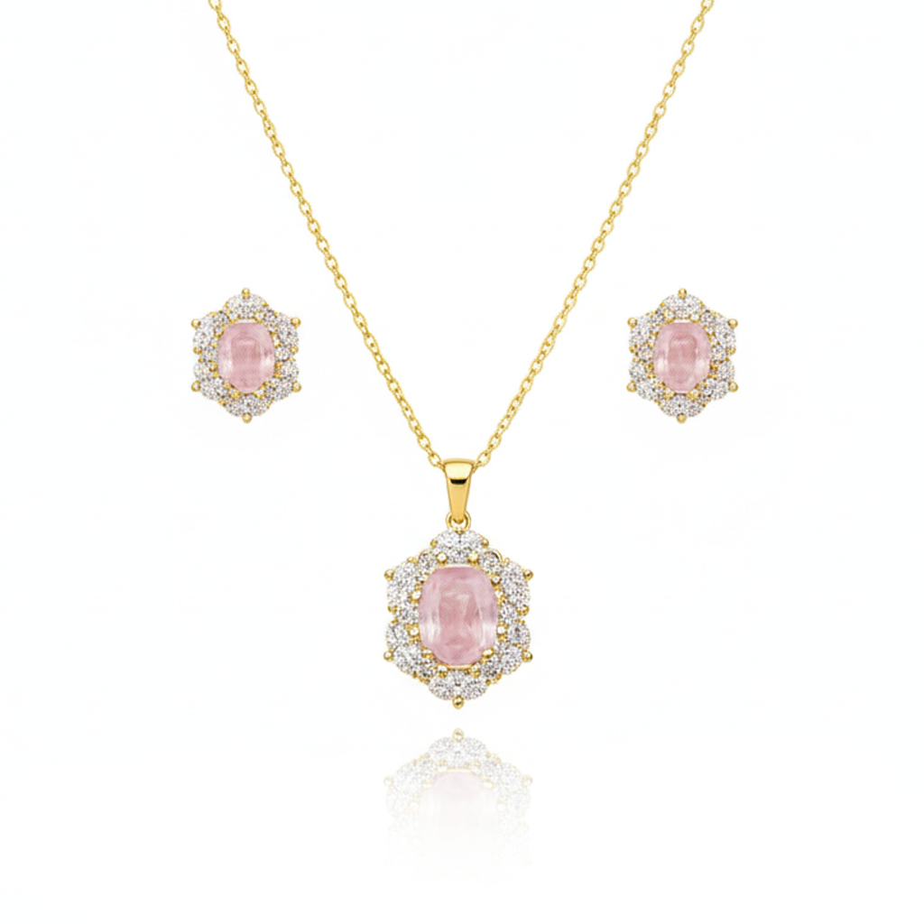 Aanura Pink Oval Halo Necklace & Earrings Set