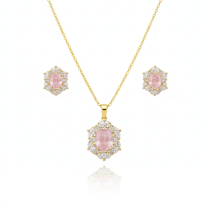 Aanura Pink Oval Halo Necklace & Earrings Set