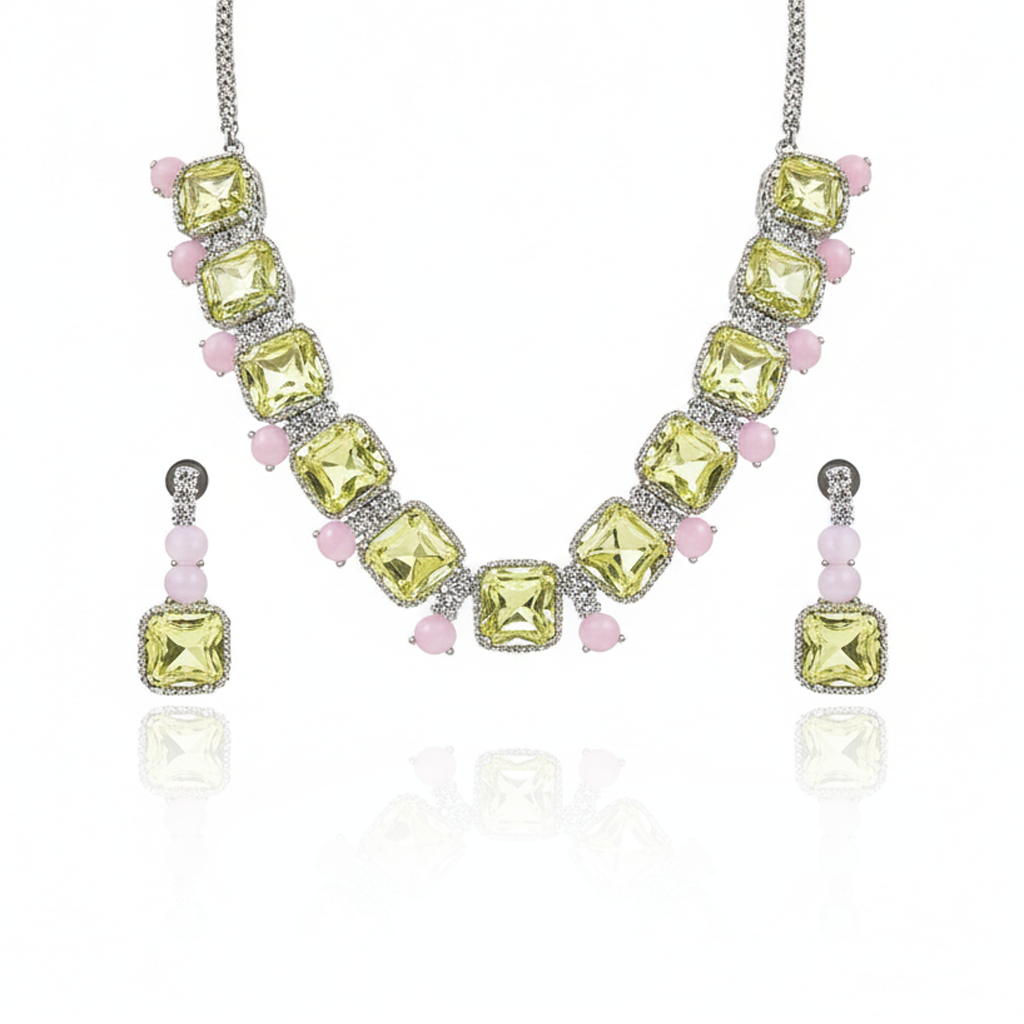 Aanura Multicolor Square Crystal Necklace Set Stainless