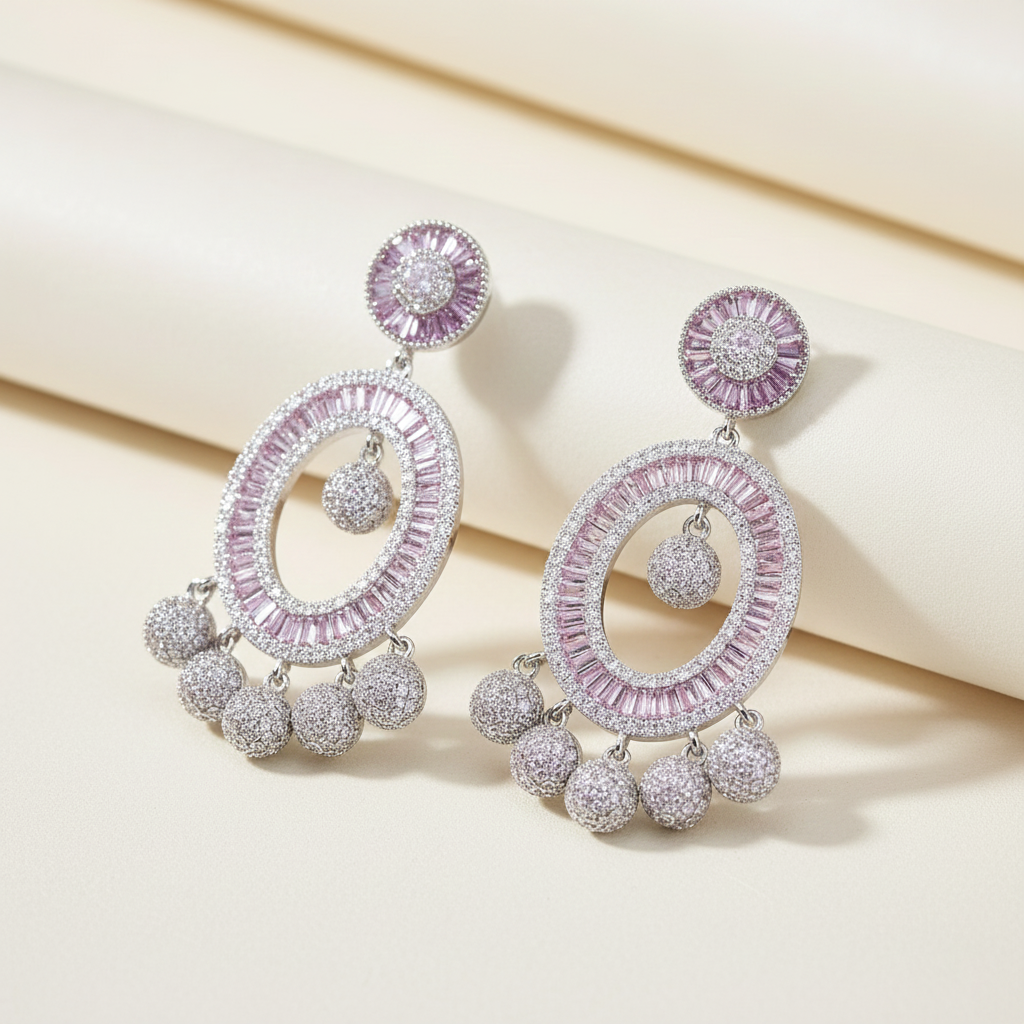 Aanura Pink Baguette Oval CZ Cluster Drop Earrings