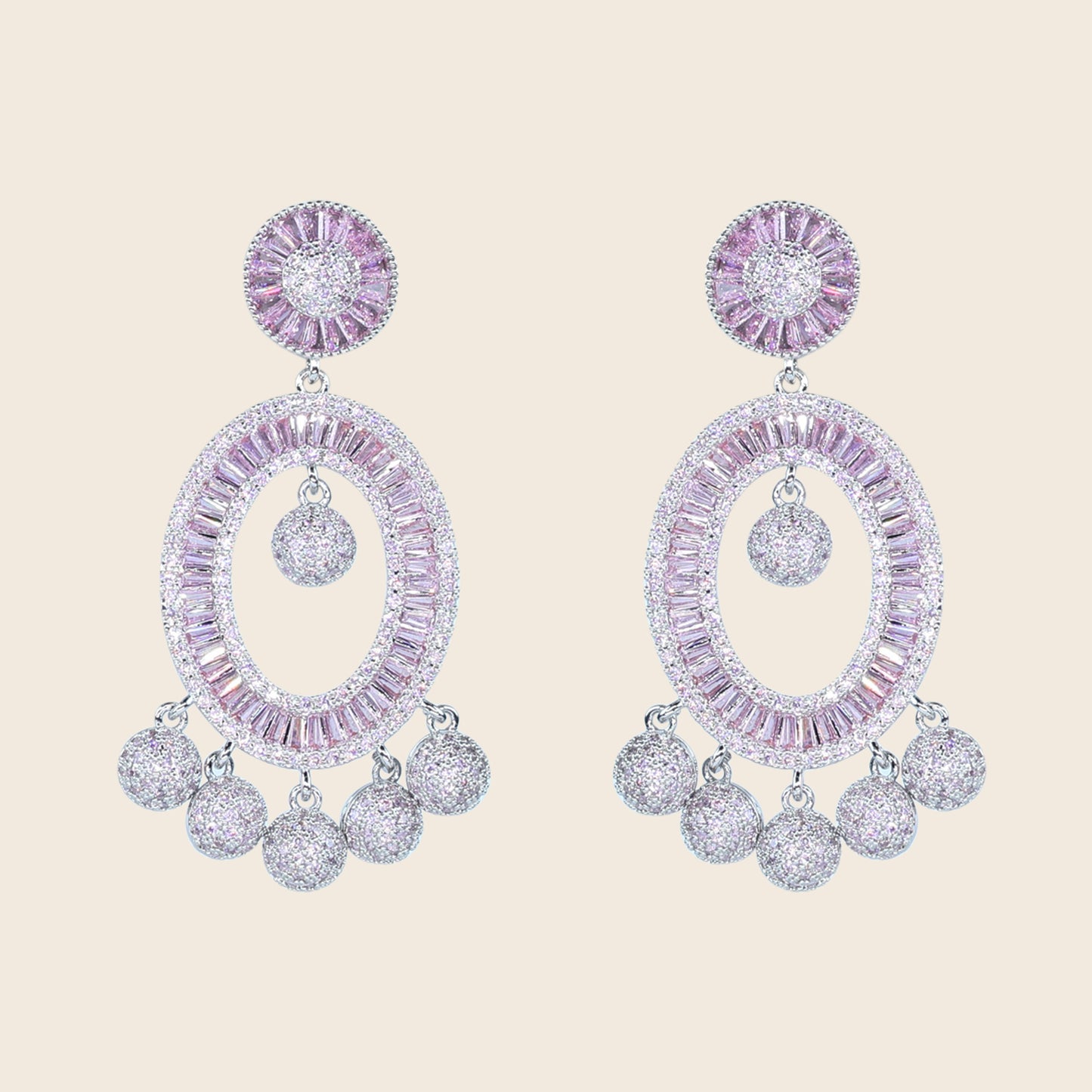 Aanura Pink Baguette Oval CZ Cluster Drop Earrings