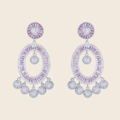 Aanura Pink Baguette Oval CZ Cluster Drop Earrings