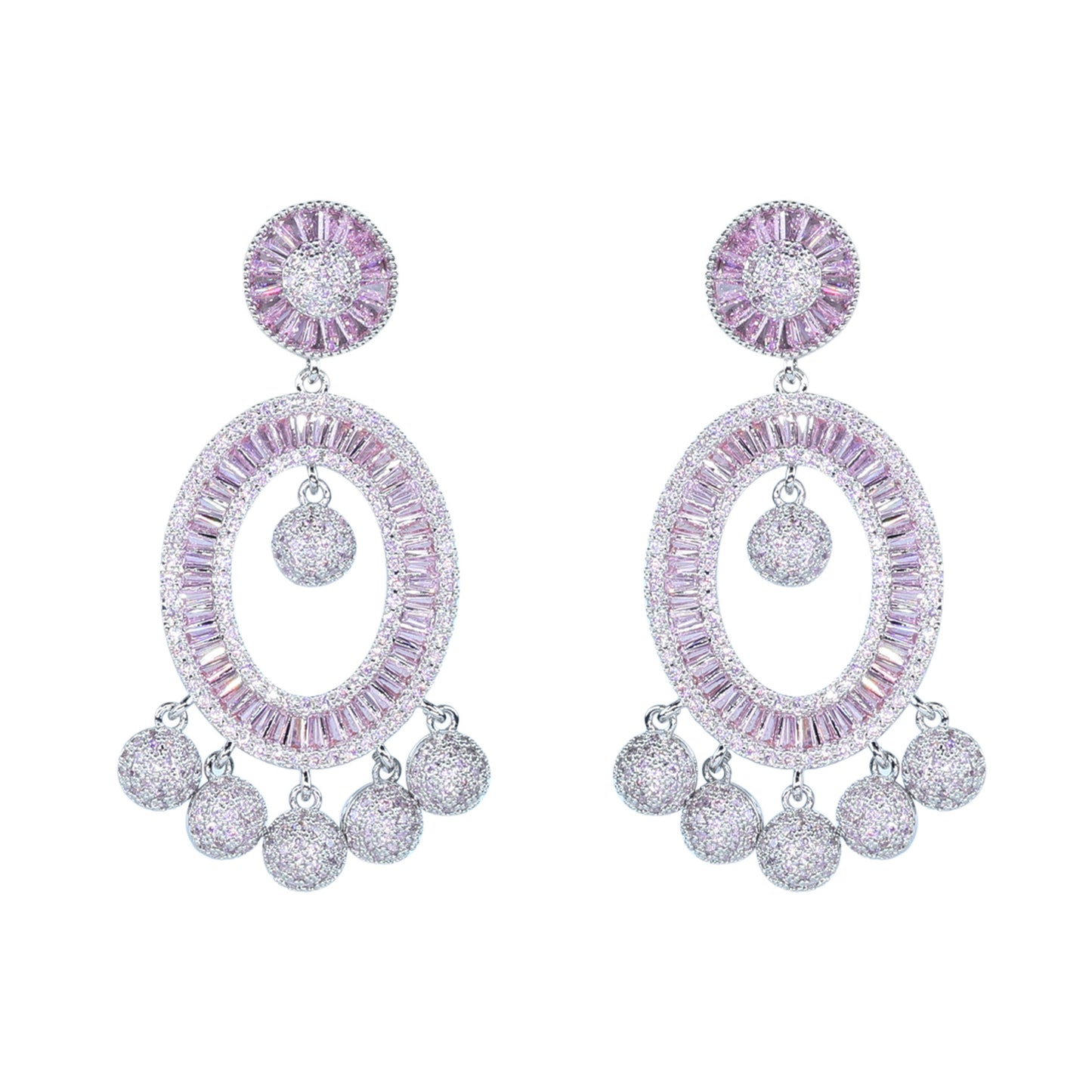 Aanura Pink Baguette Oval CZ Cluster Drop Earrings