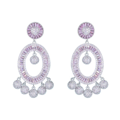Aanura Pink Baguette Oval CZ Cluster Drop Earrings