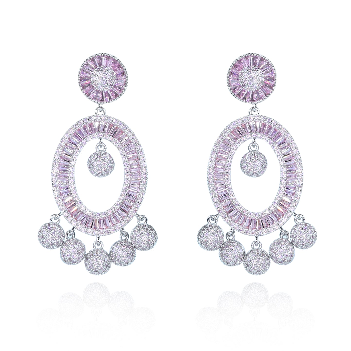 Aanura Pink Baguette Oval CZ Cluster Drop Earrings