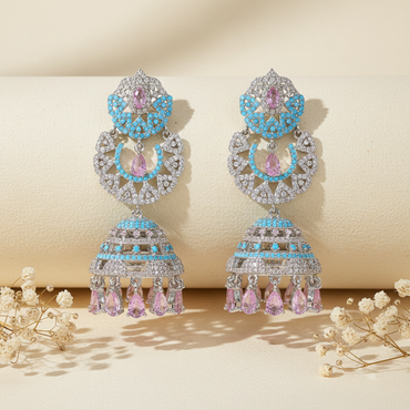 Aanura Silver Pink Crystal Oval Drop Earrings