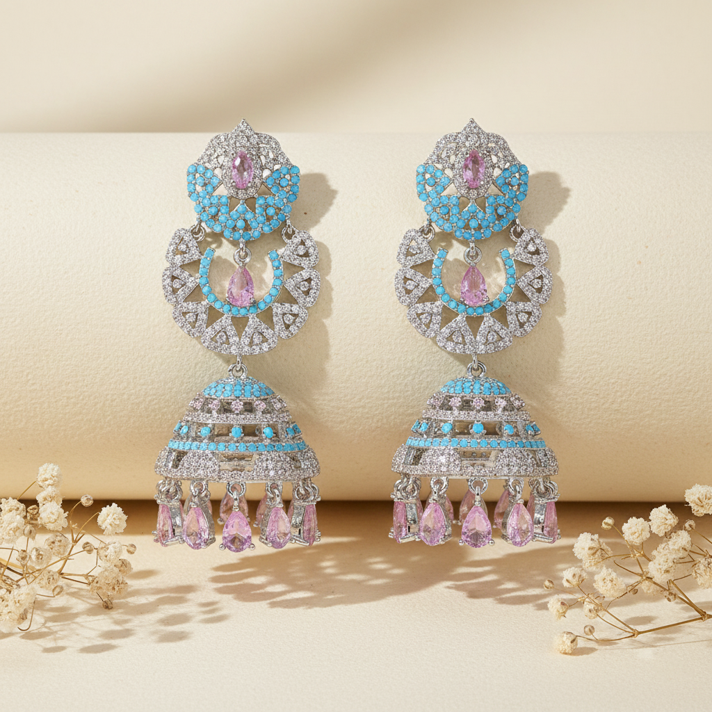 Aanura Silver Pink Crystal Oval Drop Earrings