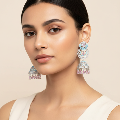 Aanura Silver Pink Crystal Oval Drop Earrings