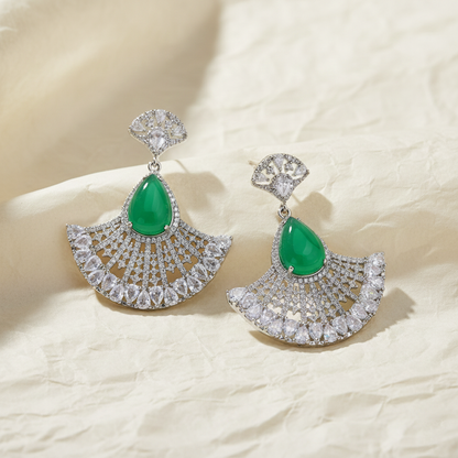 Aanura Silver Green Teardrop Fan Statement Earrings