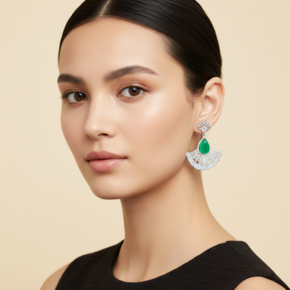 Aanura Silver Green Teardrop Fan Statement Earrings