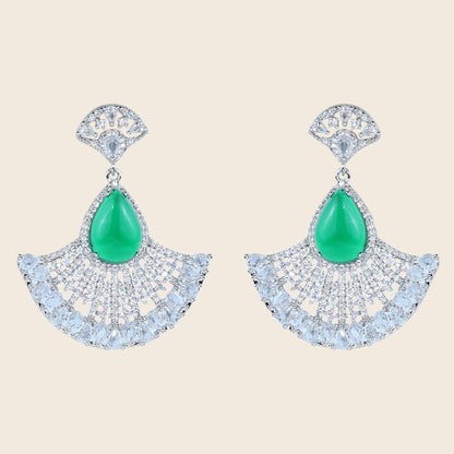 Aanura Silver Green Teardrop Fan Statement Earrings
