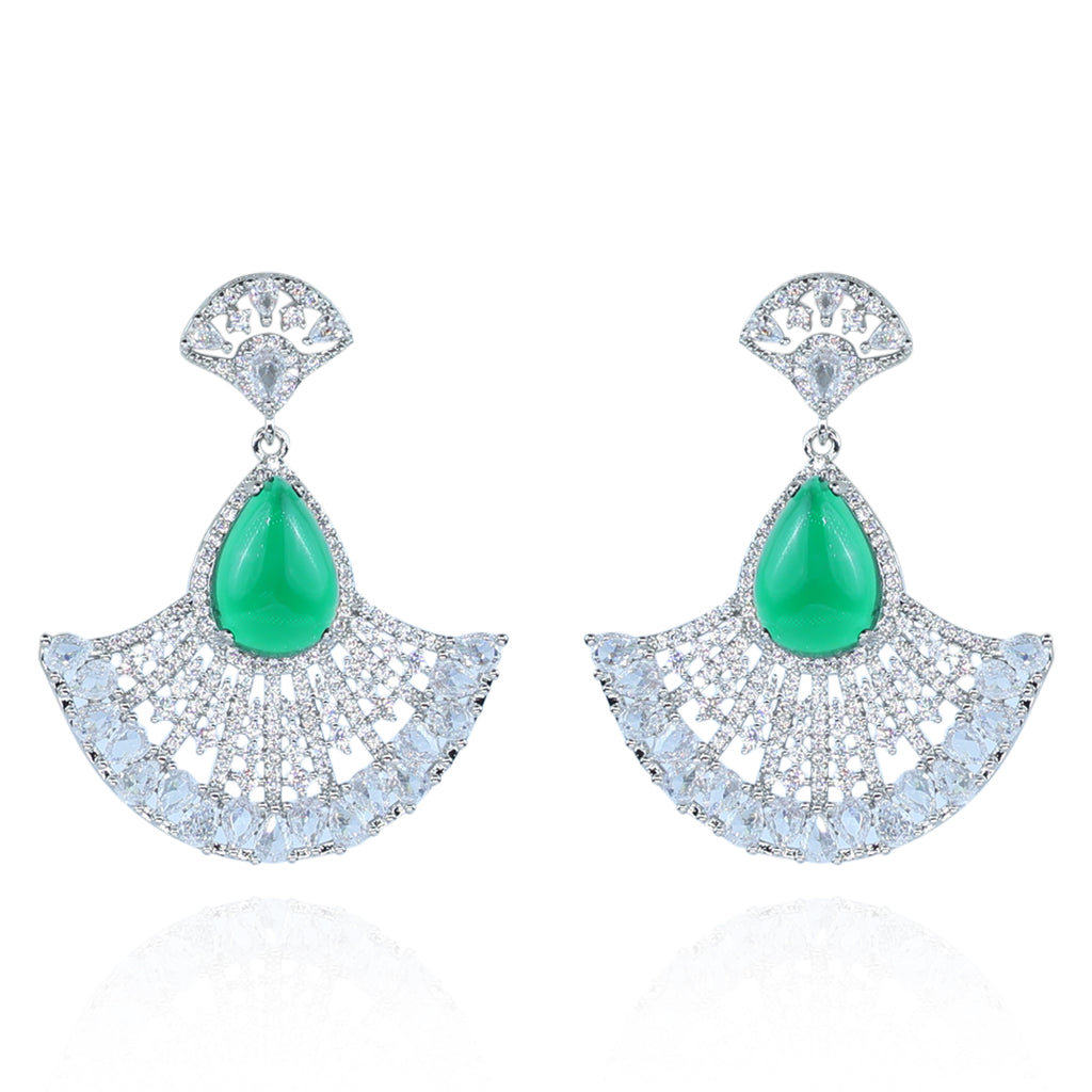 Aanura Silver Green Teardrop Fan Statement Earrings