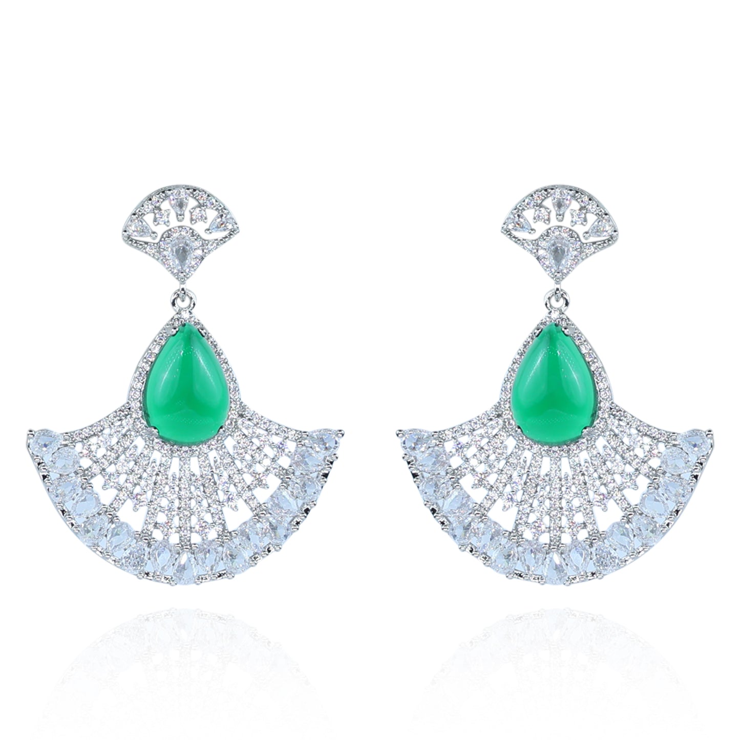 Aanura Silver Green Teardrop Fan Statement Earrings
