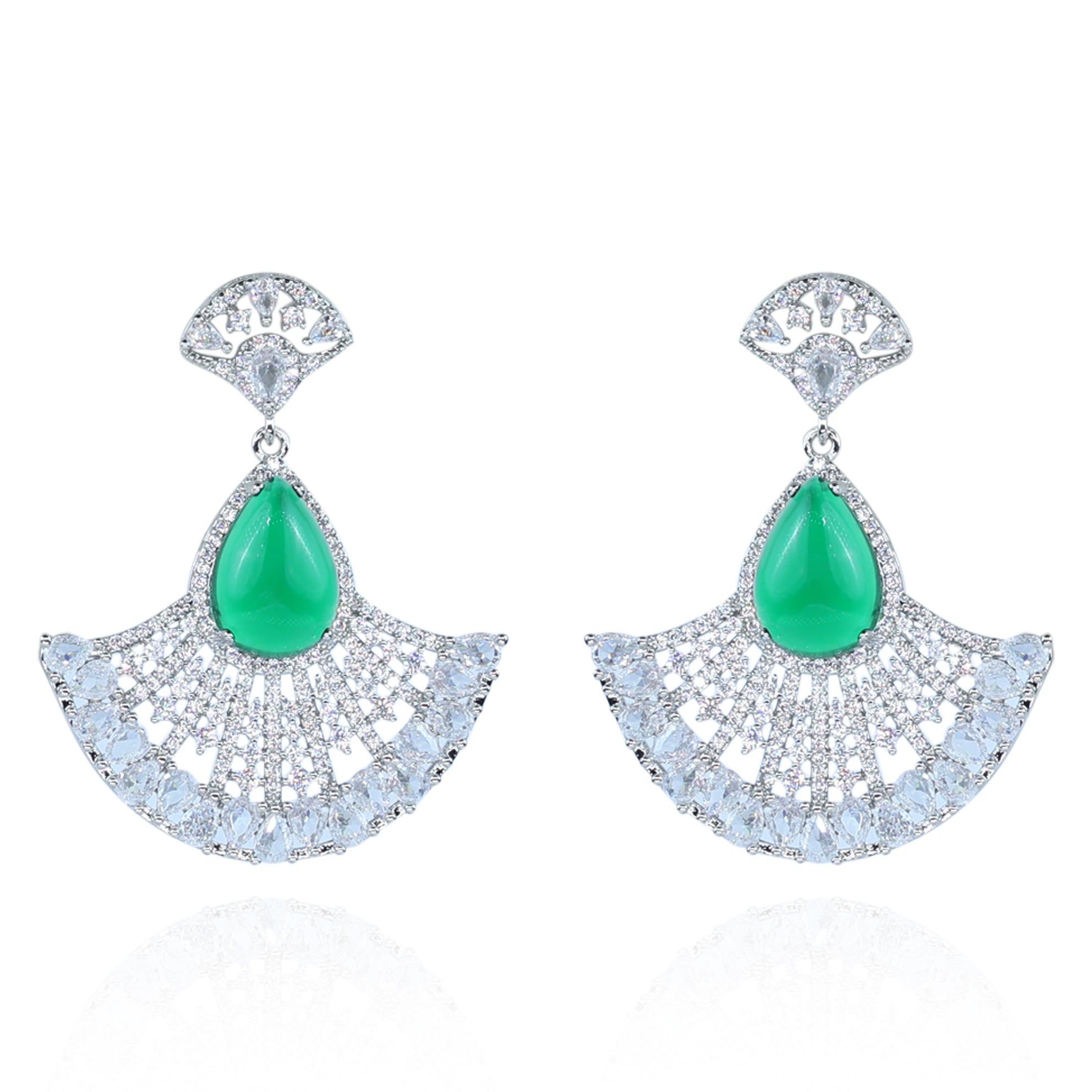 Aanura Silver Green Teardrop Fan Statement Earrings