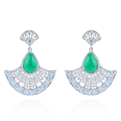 Aanura Silver Green Teardrop Fan Statement Earrings