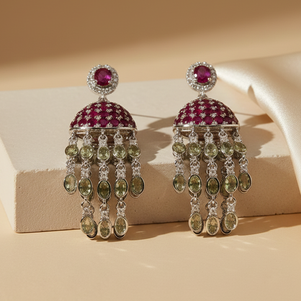 Aanura Red Dome Tassel Jhumka-Style Earrings