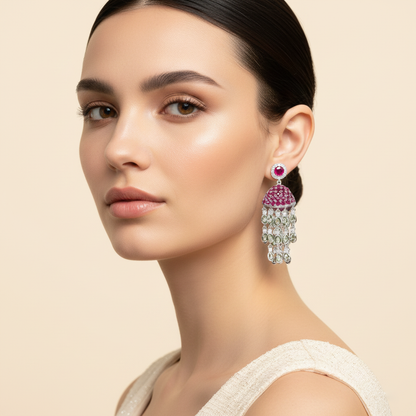 Aanura Red Dome Tassel Jhumka-Style Earrings