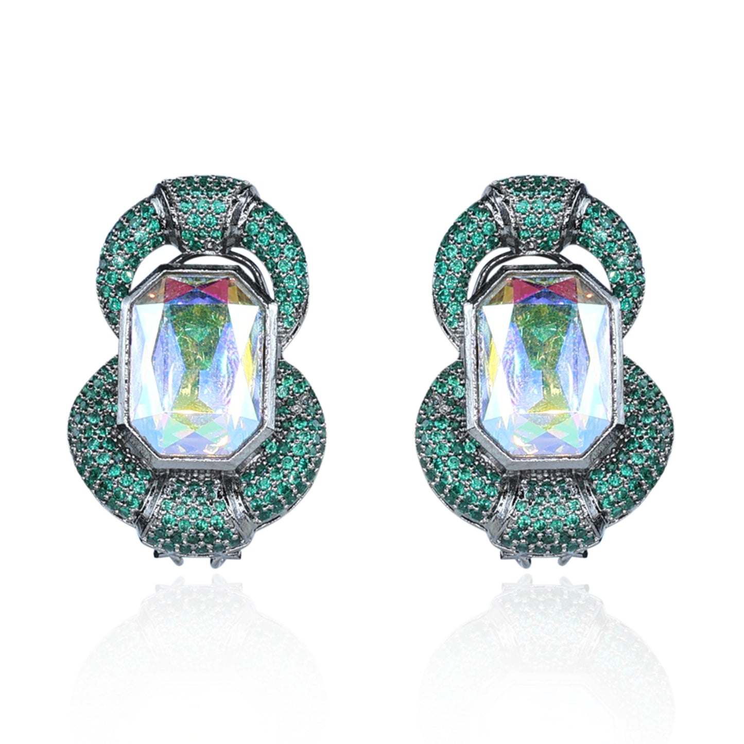 Aanura Emerald Halo Iridescent Crystal Stud Earrings