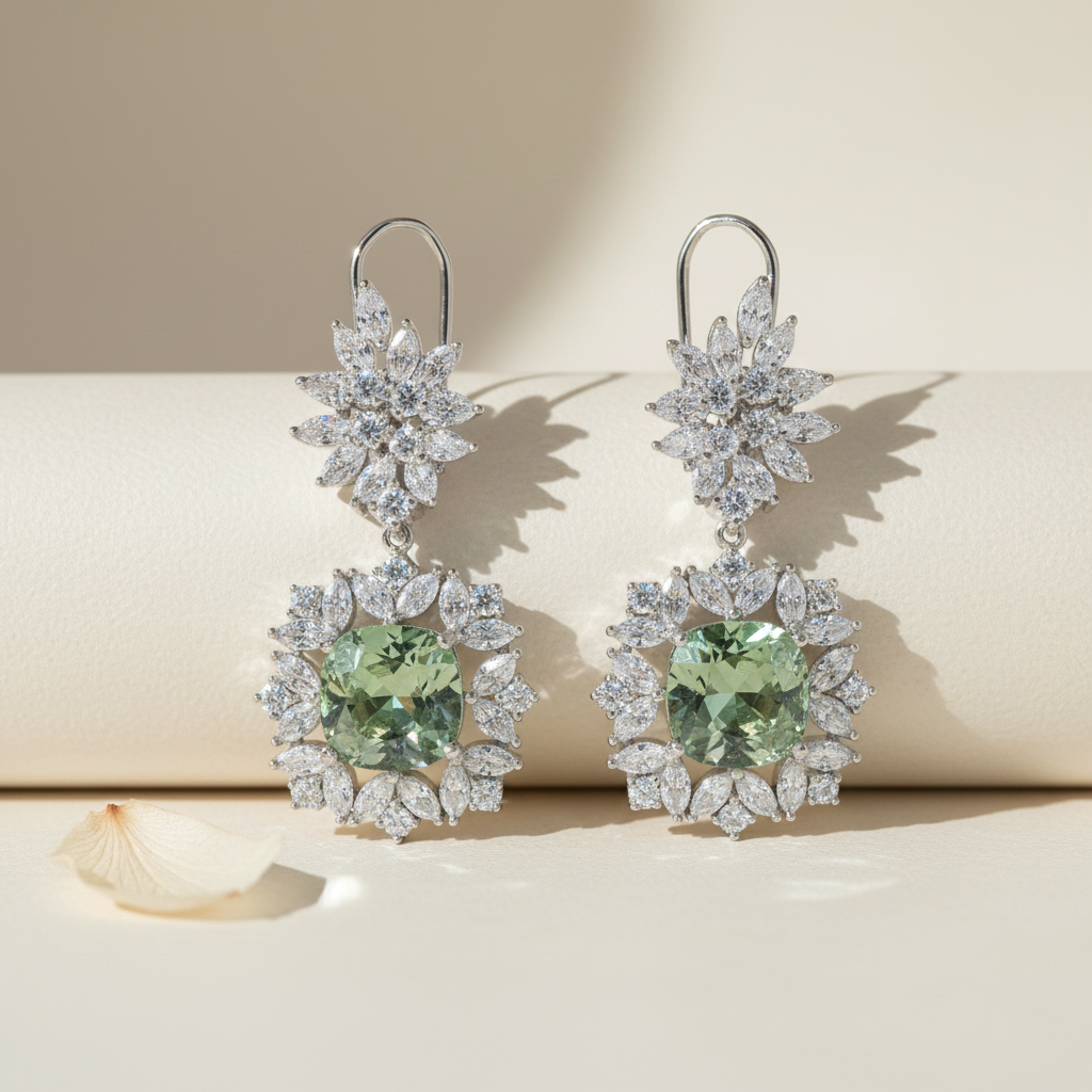 Aanura Silver Green Crystal Halo Drop Earrings