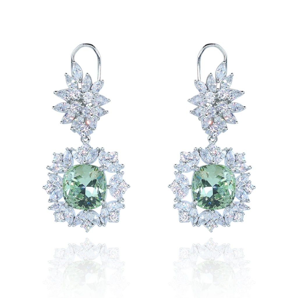 Aanura Silver Green Crystal Halo Drop Earrings
