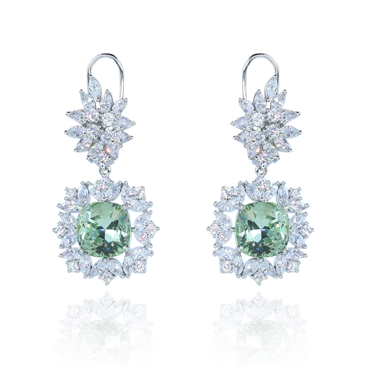 Aanura Silver Green Crystal Halo Drop Earrings