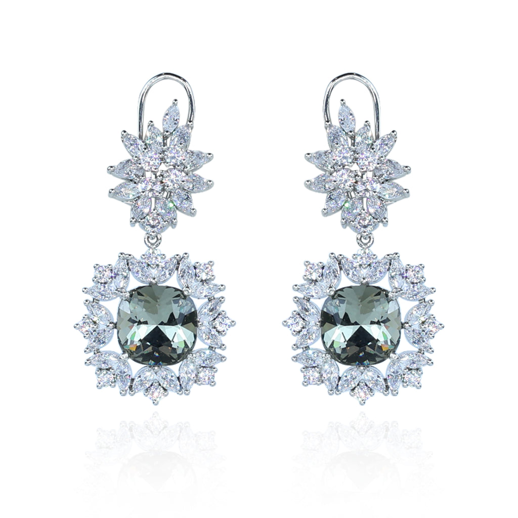 Aanura Silver Green Crystal Halo Drop Earrings