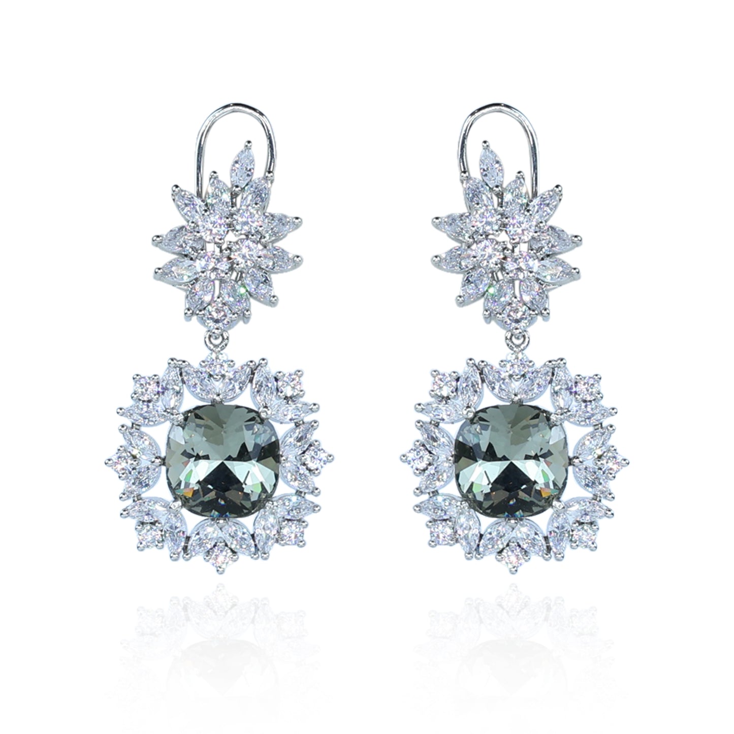 Aanura Silver Green Crystal Halo Drop Earrings