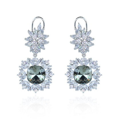 Aanura Silver Green Crystal Halo Drop Earrings