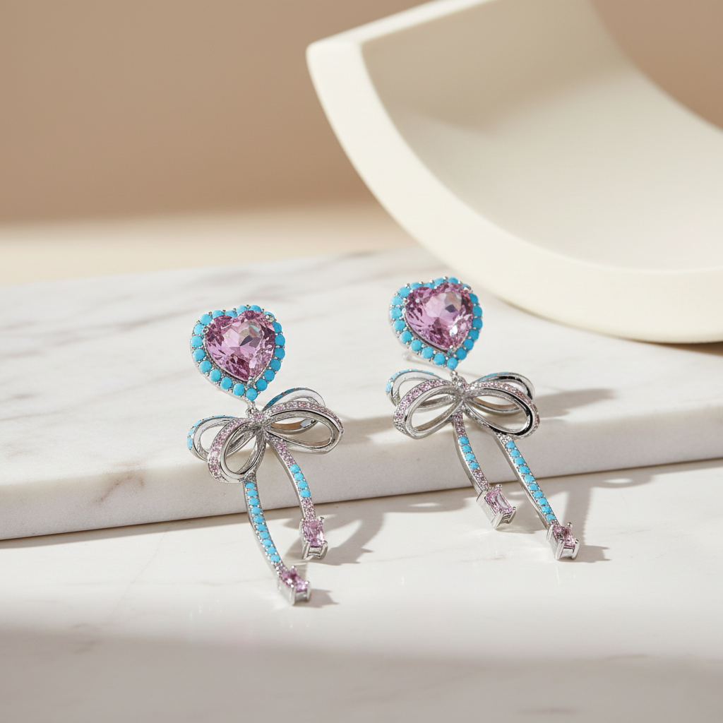 Aanura Pink Heart & Bow Crystal Drop Earrings