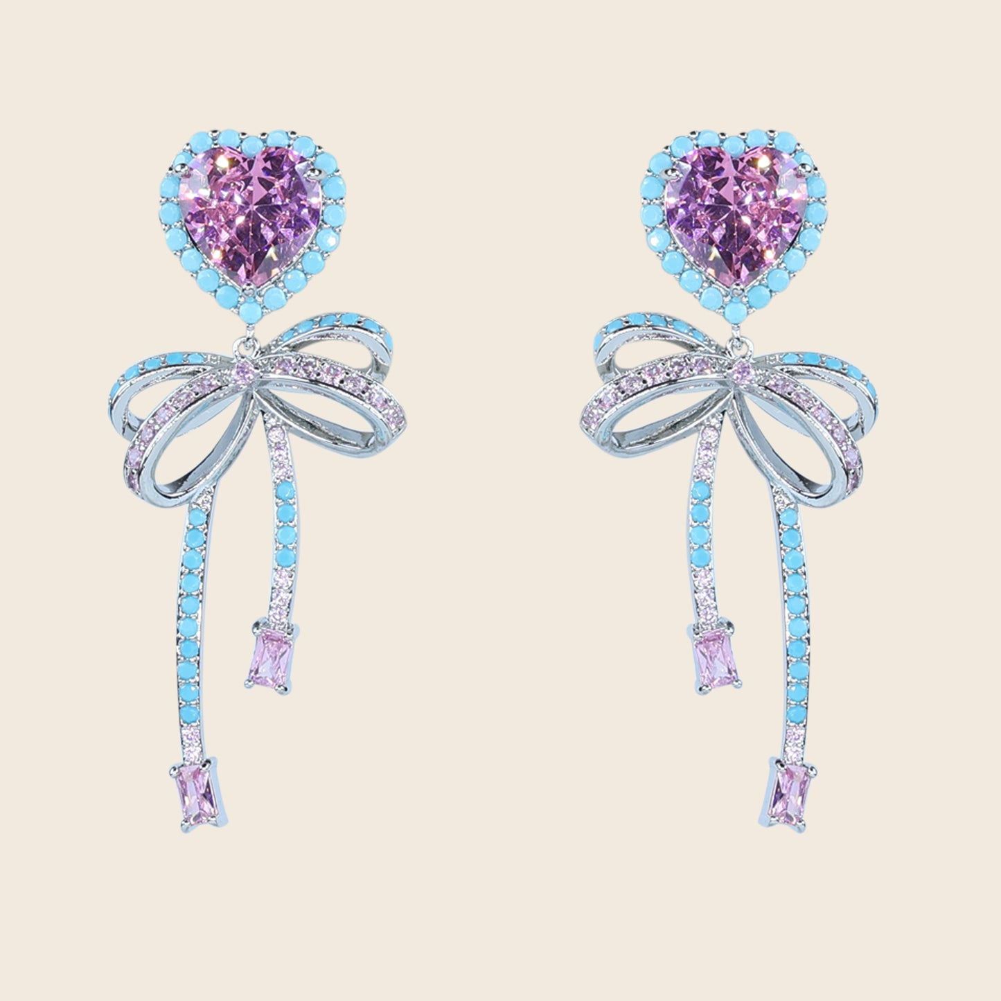 Aanura Pink Heart & Bow Crystal Drop Earrings