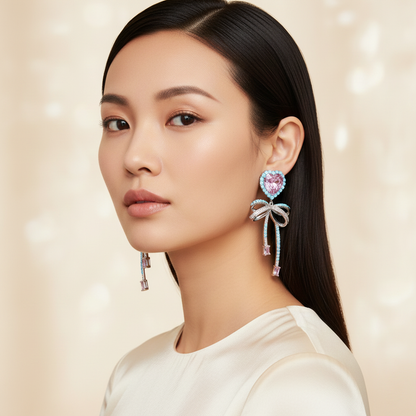Aanura Pink Heart & Bow Crystal Drop Earrings