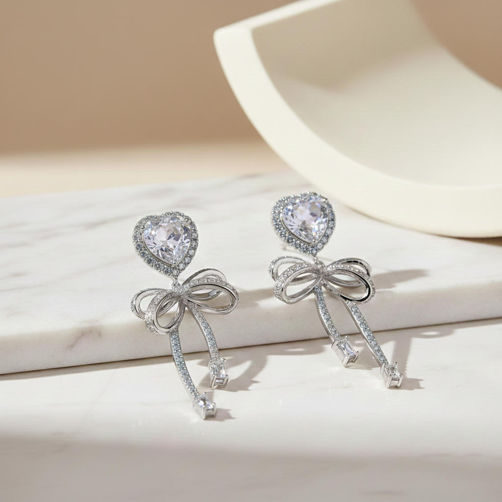 Aanura Pink Heart & Bow Crystal Drop Earrings