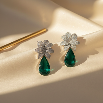 Aanura Green Teardrop Floral Dangle Earrings
